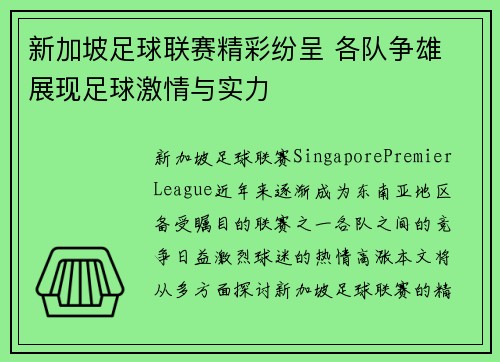 新加坡足球联赛精彩纷呈 各队争雄 展现足球激情与实力