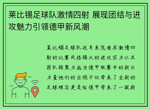 莱比锡足球队激情四射 展现团结与进攻魅力引领德甲新风潮