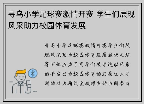 寻乌小学足球赛激情开赛 学生们展现风采助力校园体育发展