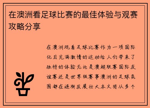 在澳洲看足球比赛的最佳体验与观赛攻略分享