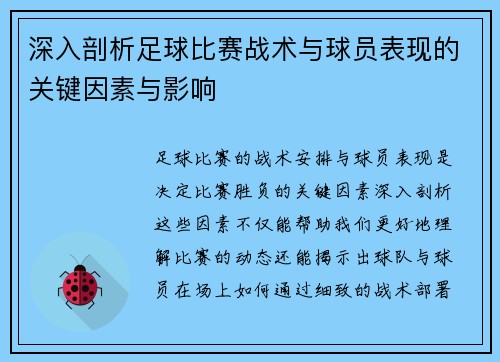 深入剖析足球比赛战术与球员表现的关键因素与影响