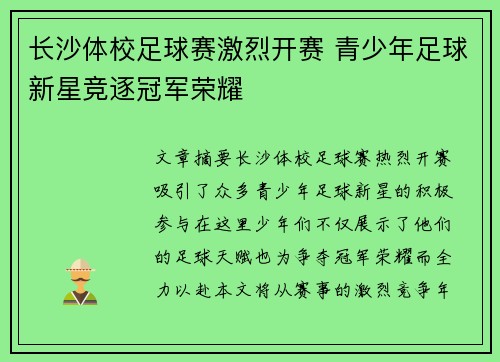长沙体校足球赛激烈开赛 青少年足球新星竞逐冠军荣耀