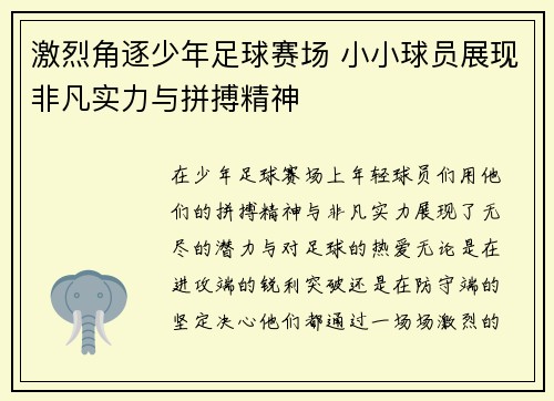 激烈角逐少年足球赛场 小小球员展现非凡实力与拼搏精神