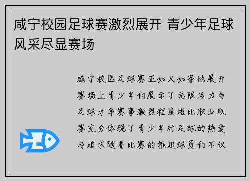 咸宁校园足球赛激烈展开 青少年足球风采尽显赛场