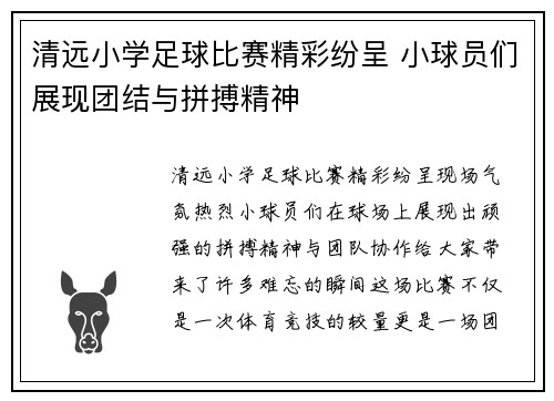 清远小学足球比赛精彩纷呈 小球员们展现团结与拼搏精神