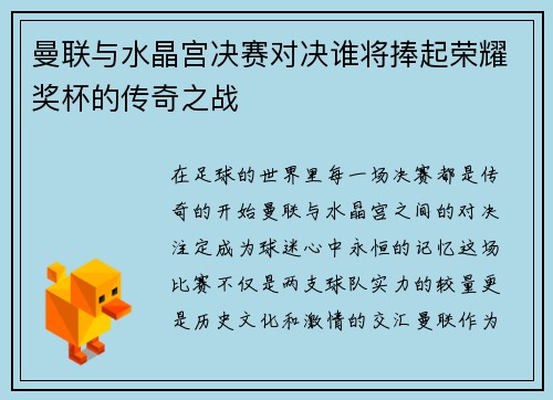 曼联与水晶宫决赛对决谁将捧起荣耀奖杯的传奇之战