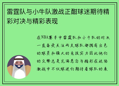 雷霆队与小牛队激战正酣球迷期待精彩对决与精彩表现