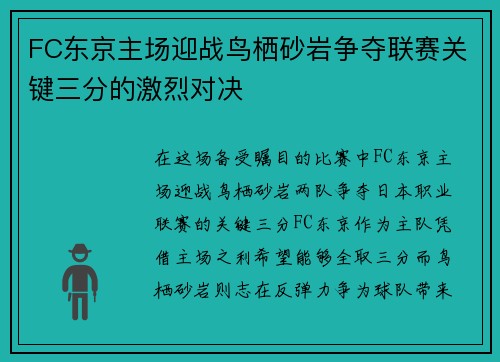 FC东京主场迎战鸟栖砂岩争夺联赛关键三分的激烈对决