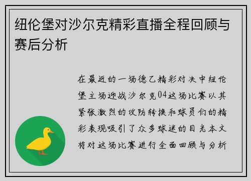 纽伦堡对沙尔克精彩直播全程回顾与赛后分析