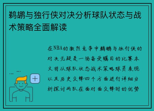 鹈鹕与独行侠对决分析球队状态与战术策略全面解读