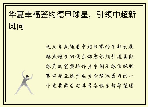 华夏幸福签约德甲球星，引领中超新风向