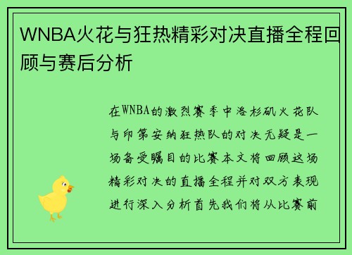 WNBA火花与狂热精彩对决直播全程回顾与赛后分析