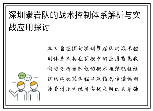 深圳攀岩队的战术控制体系解析与实战应用探讨