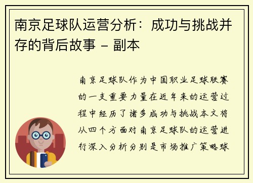 南京足球队运营分析：成功与挑战并存的背后故事 - 副本