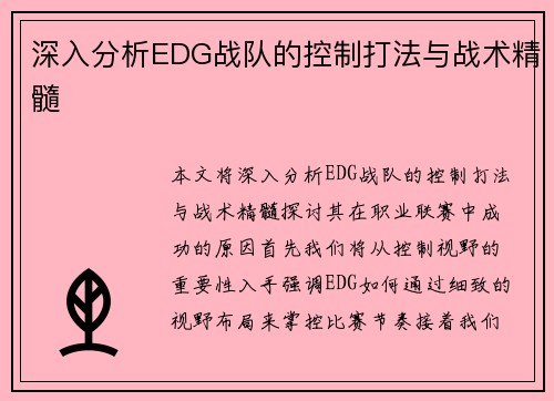 深入分析EDG战队的控制打法与战术精髓