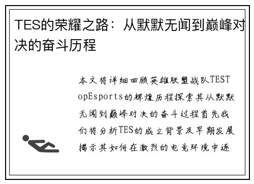 TES的荣耀之路：从默默无闻到巅峰对决的奋斗历程